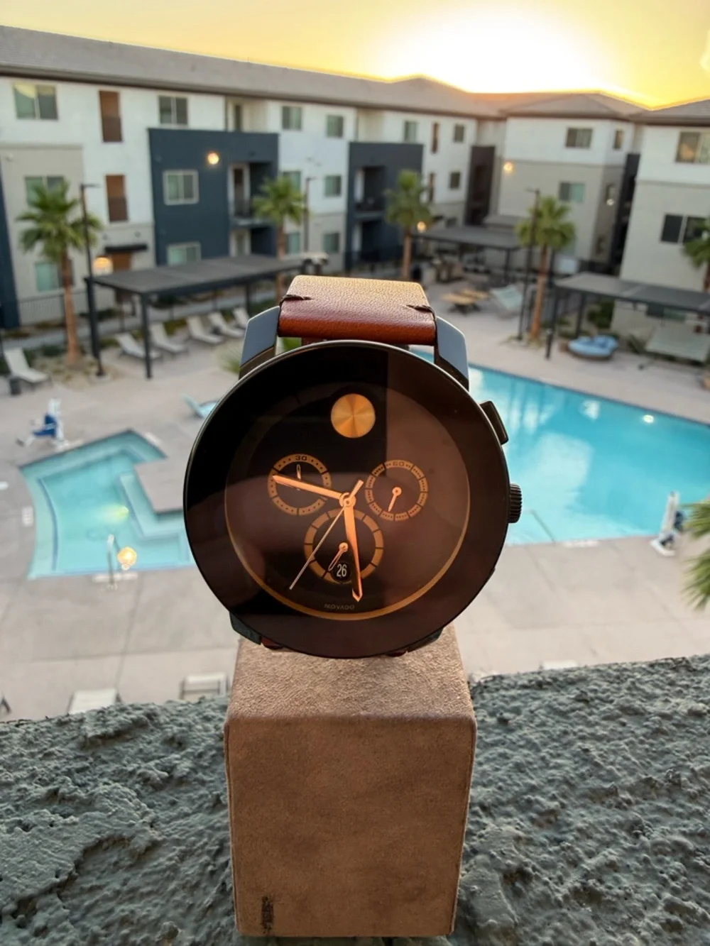 Movado Black Dial with Brown Leather Strap Chronograph Watch